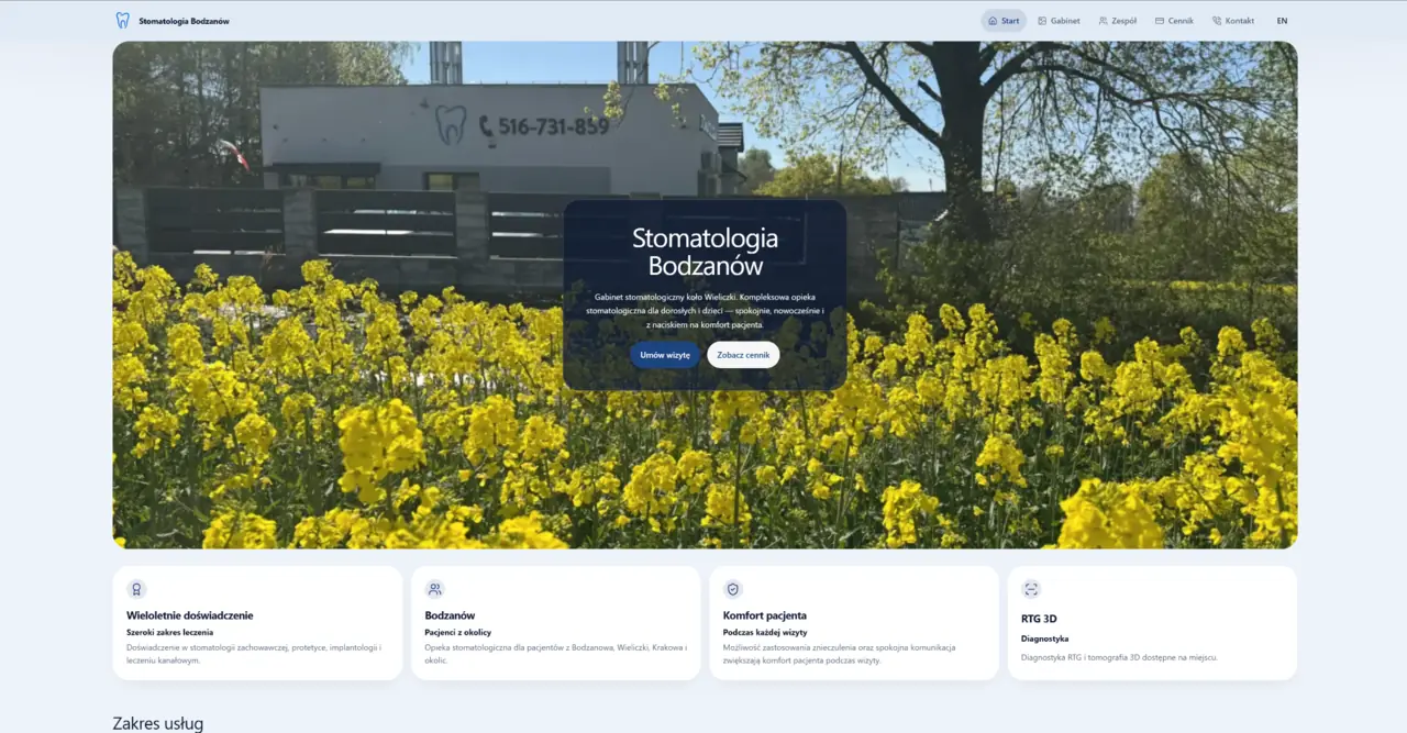 Strona internetowa Stomatologia Bodzanów (stomatologiabodzanow.pl) — widok strony głównej